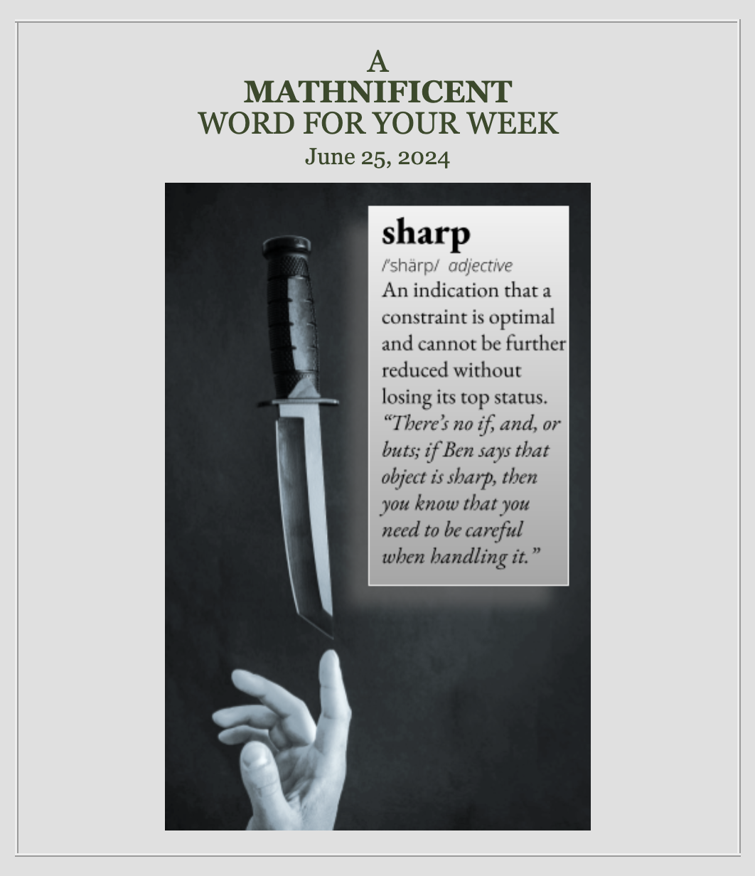 sharp: An indication that a constraint is optimal and cannot be further reduced without losing its top status. For example, "There's no if, and, or buts; if Ben says that object is sharp, then you know that you need to be careful when handling it."